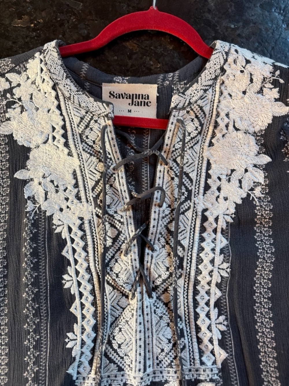 Savanna Jane Charcoal Gray Lace-Up Embroidered Tunic